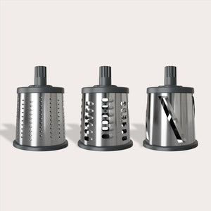 The Zyliss Gourmet Drum Grater Set is a kitchen essential, featuring three stainless steel drums with dark gray plastic tops and bases for fine grating, coarse grating, and slicing.