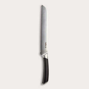 The Zyliss Comfort Pro Bread Knife 20cm/8 features a serrated German stainless steel blade and ergonomic black handle, displayed vertically on a plain light background.