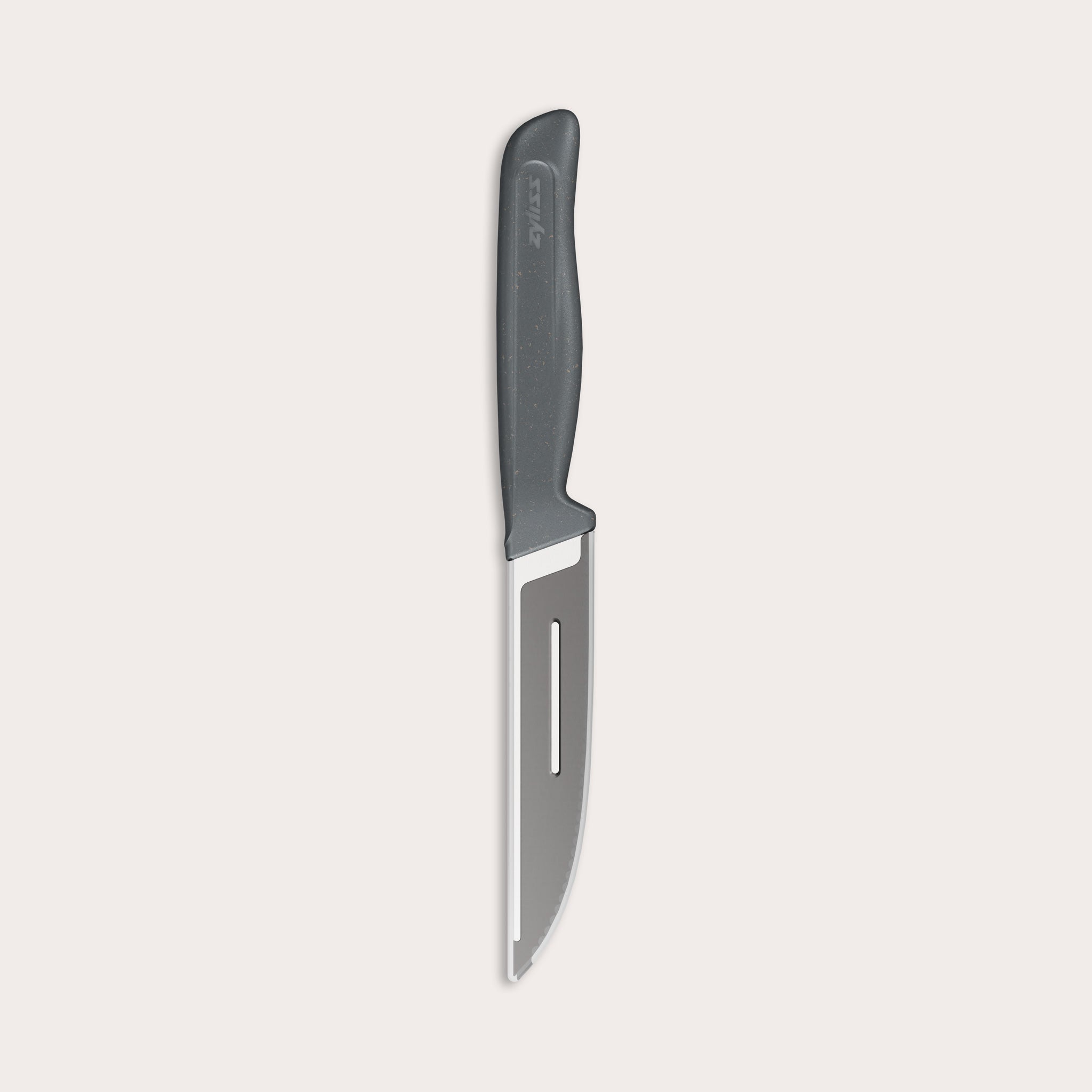 A serrated kitchen knife with a black handle and a long silver blade, featuring a rectangular slit near the edge of the blade.