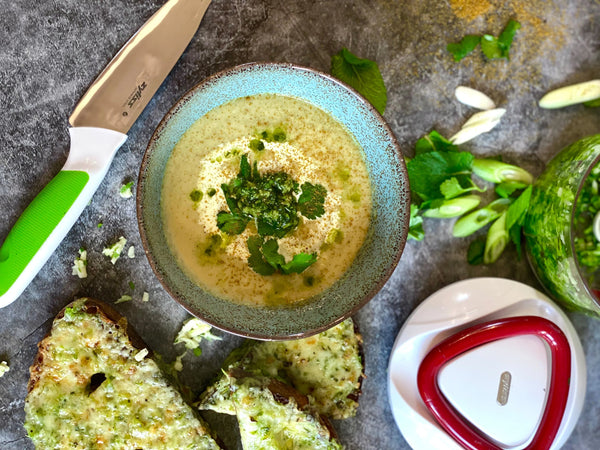 Gently Spiced Cauliflower Soup with Green Chili Cheese Toast