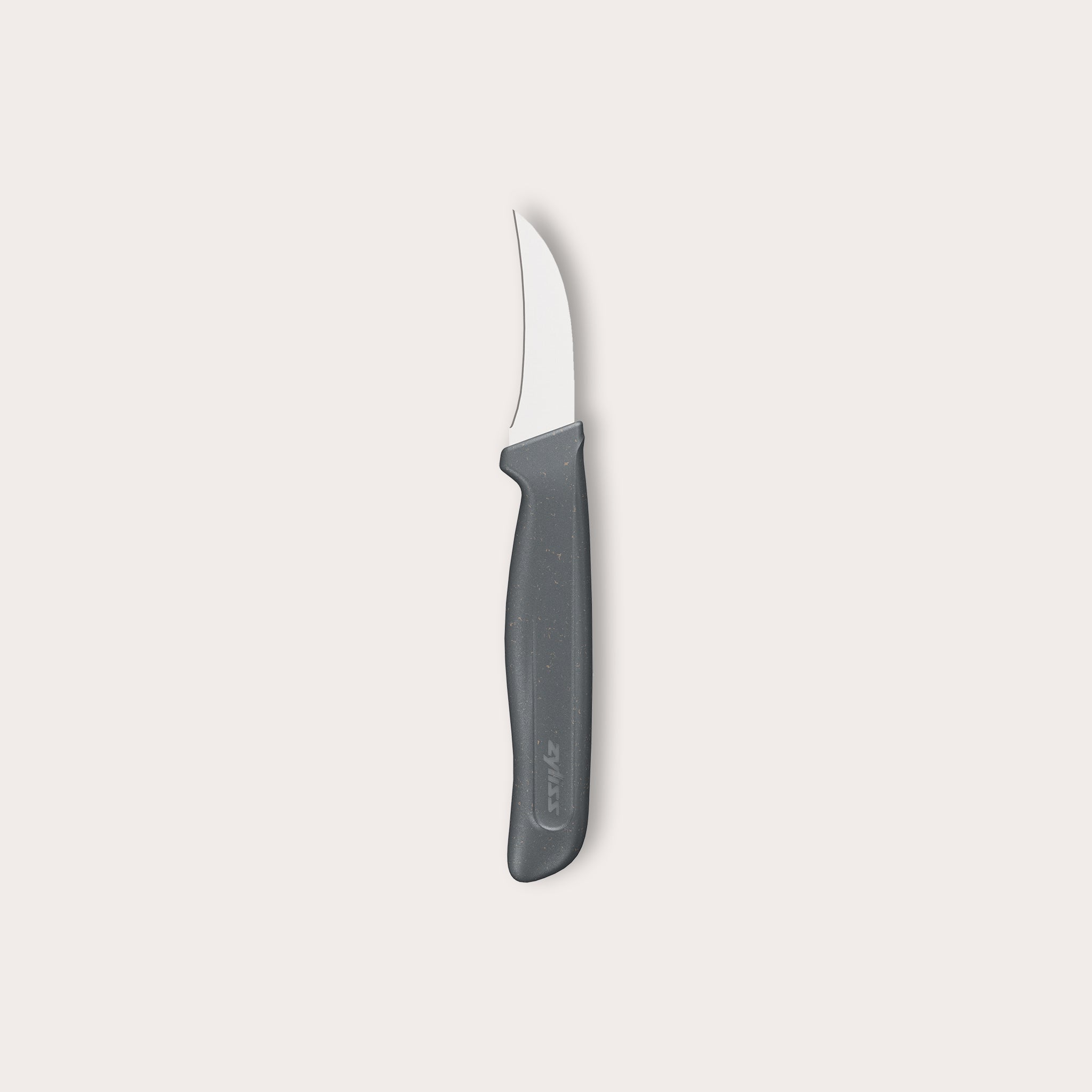 The Zyliss Peeling Knife 6cm (2½) features a curved, sharp stainless steel blade and an ergonomic, eco-friendly wheat straw handle, shown on a plain light background. 