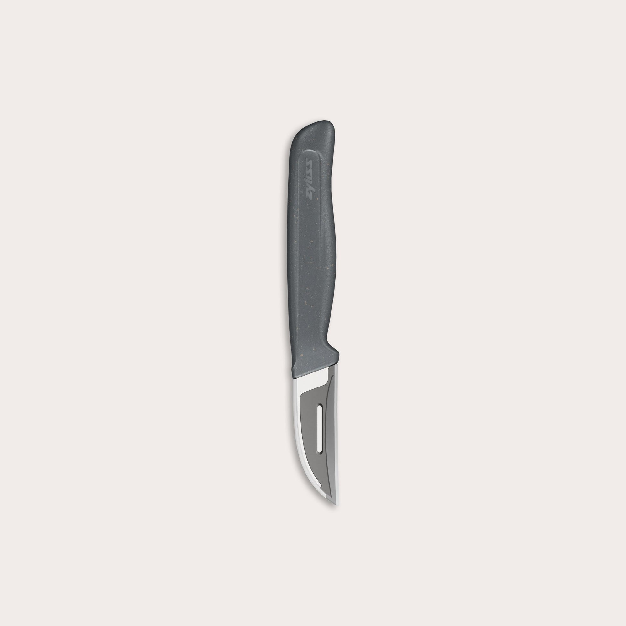 A paring knife with a dark gray handle and a short, curved stainless steel blade, isolated on a plain light background.