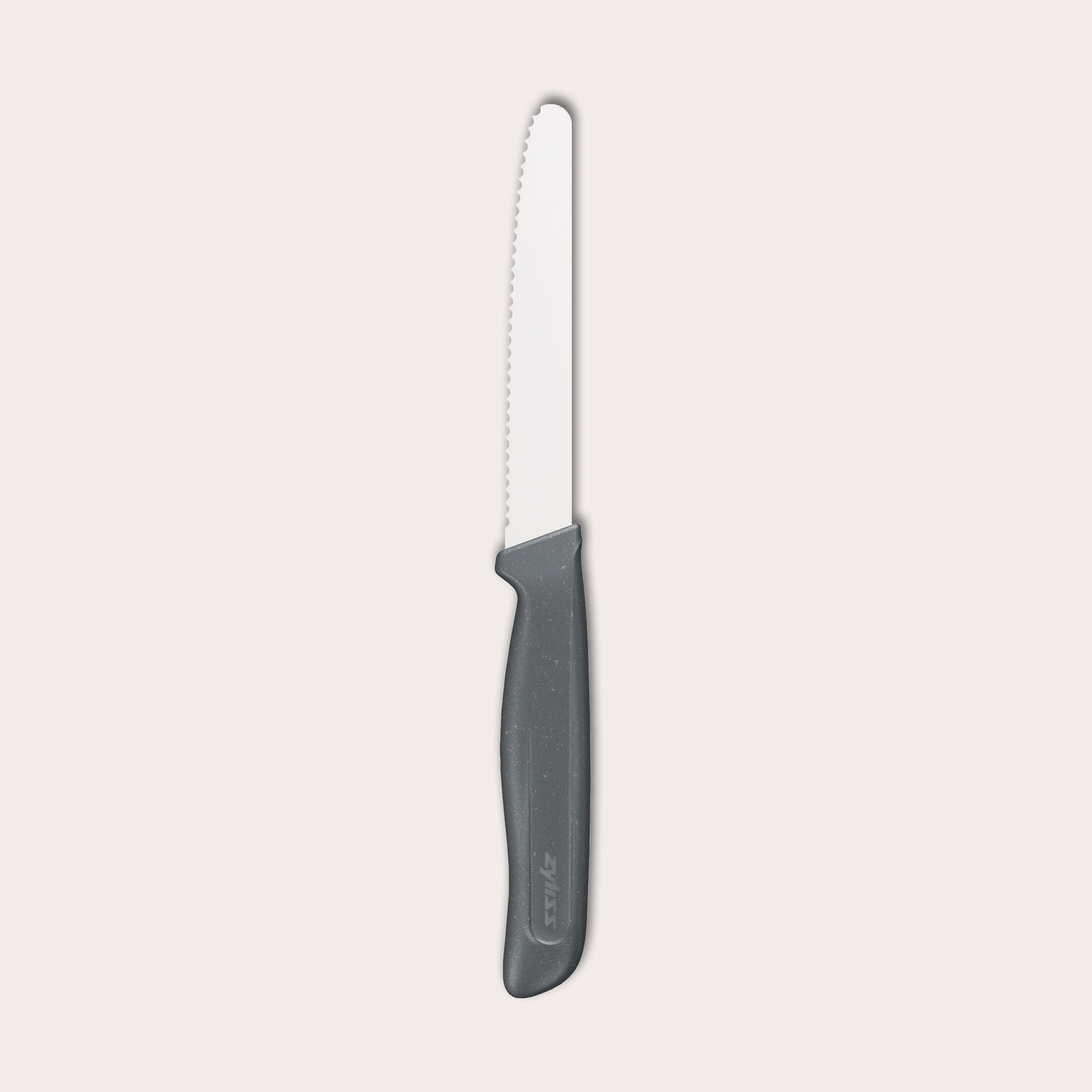 The Zyliss Tomato Knife Serrated 11cm / 4½ features a silver serrated blade and an eco-friendly handle, shown against a plain white background. 