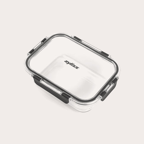 A rectangular clear Zyliss Glass Container for meal prep features a transparent lid with four black locking clips, Zyliss printed in black on the lid, all shown against a plain light background. #1.05L/1.1qt
