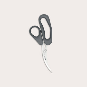 Zyliss Seafood Scissors with black ergonomic handles and a curved, partially serrated stainless steel blade are displayed against a light beige background, designed specifically for shellfish preparation.