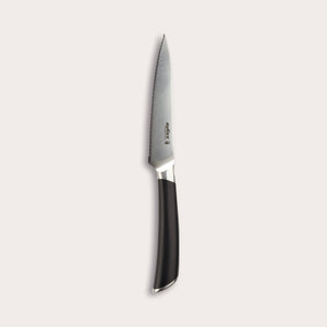 The Zyliss Comfort Pro Serrated Paring Knife 11cm, featuring a German stainless steel blade and ergonomic black handle, is displayed vertically against a plain light background. 